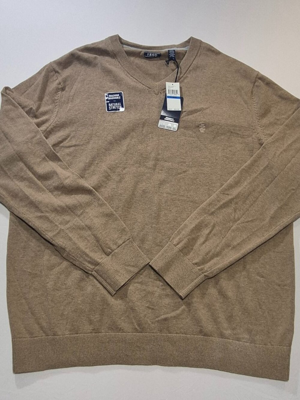 NWT Izod Men V-Neck Sweater XL Camel Heather Brown Tan Premium Essential Stretch